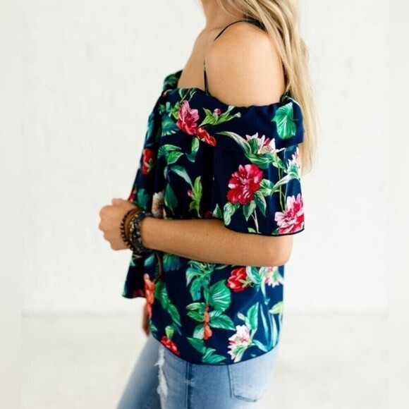 Vivace Island Dreaming Navy Cold Shoulder Style Top Size 1XL - Picture 3 of 16
